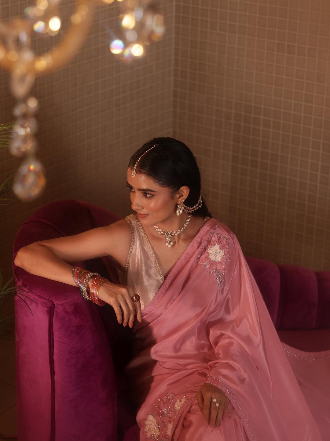  Baby Pink Floral Embroidered Silk Blend Saree 