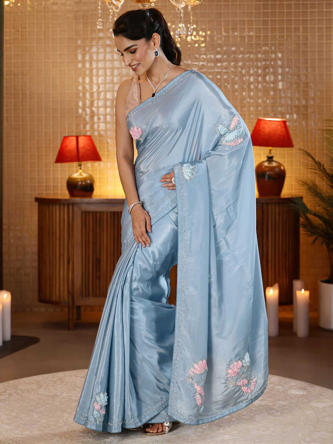  Dusty Blue Floral Embellished Silk Blend Saree 
