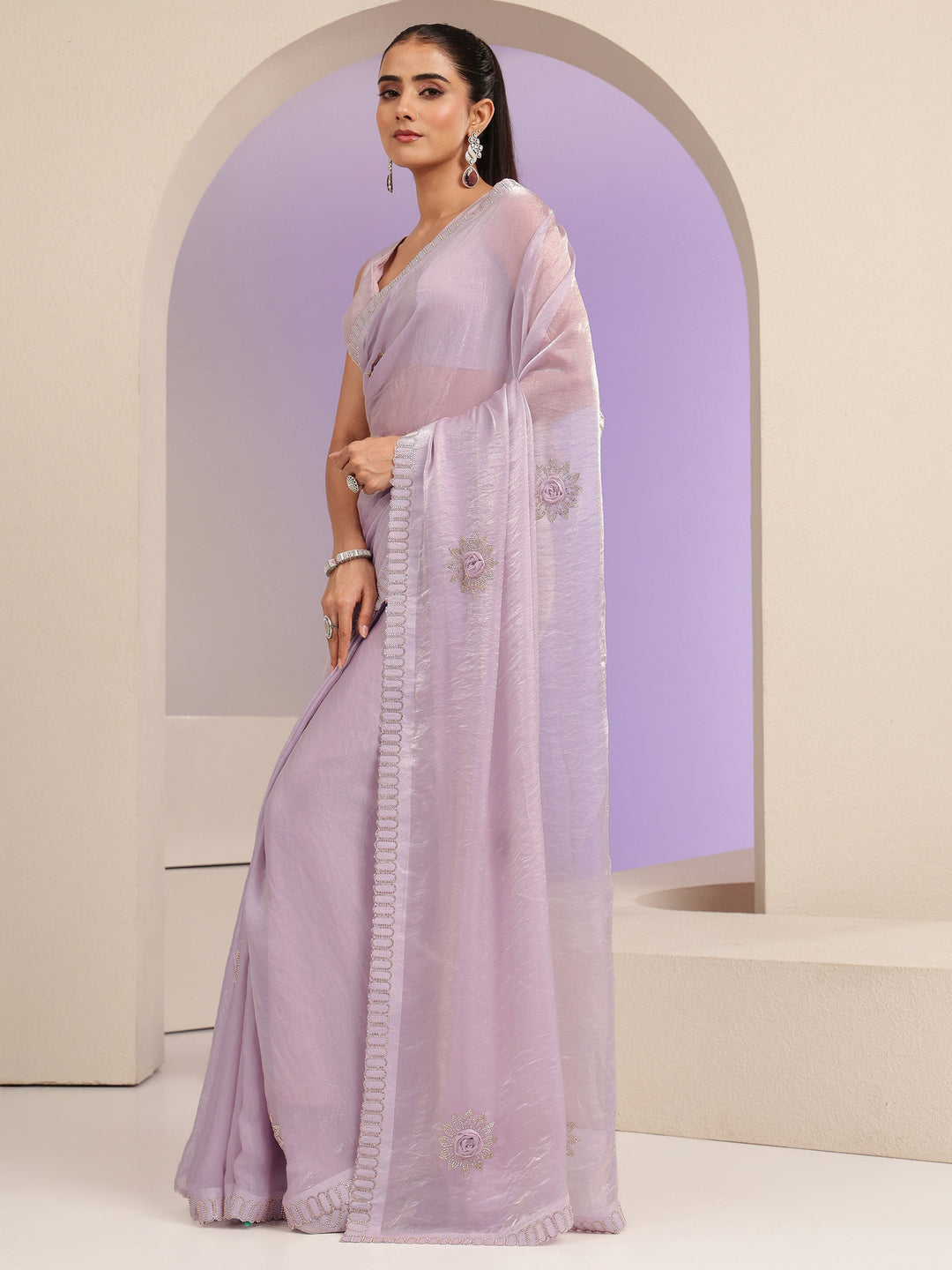  Lavender Floral Embellished Silk Blend Saree 