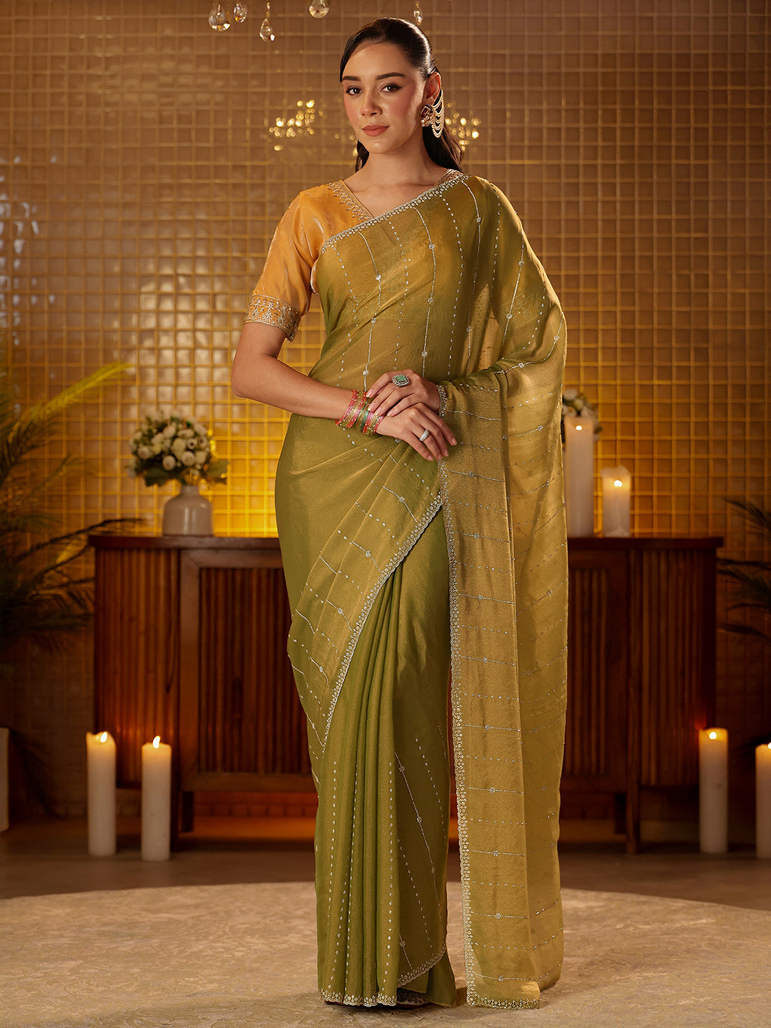  Libas Light Olive Green Embellished Silk Blend Saree 