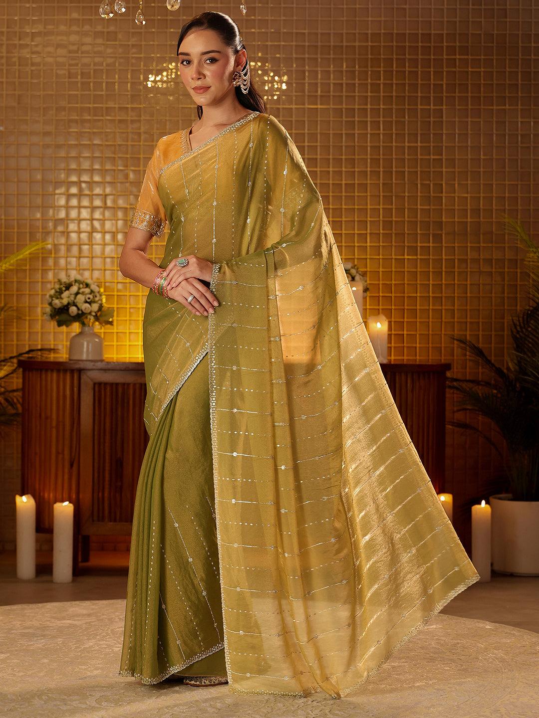  Libas Light Olive Green Embellished Silk Blend Saree 