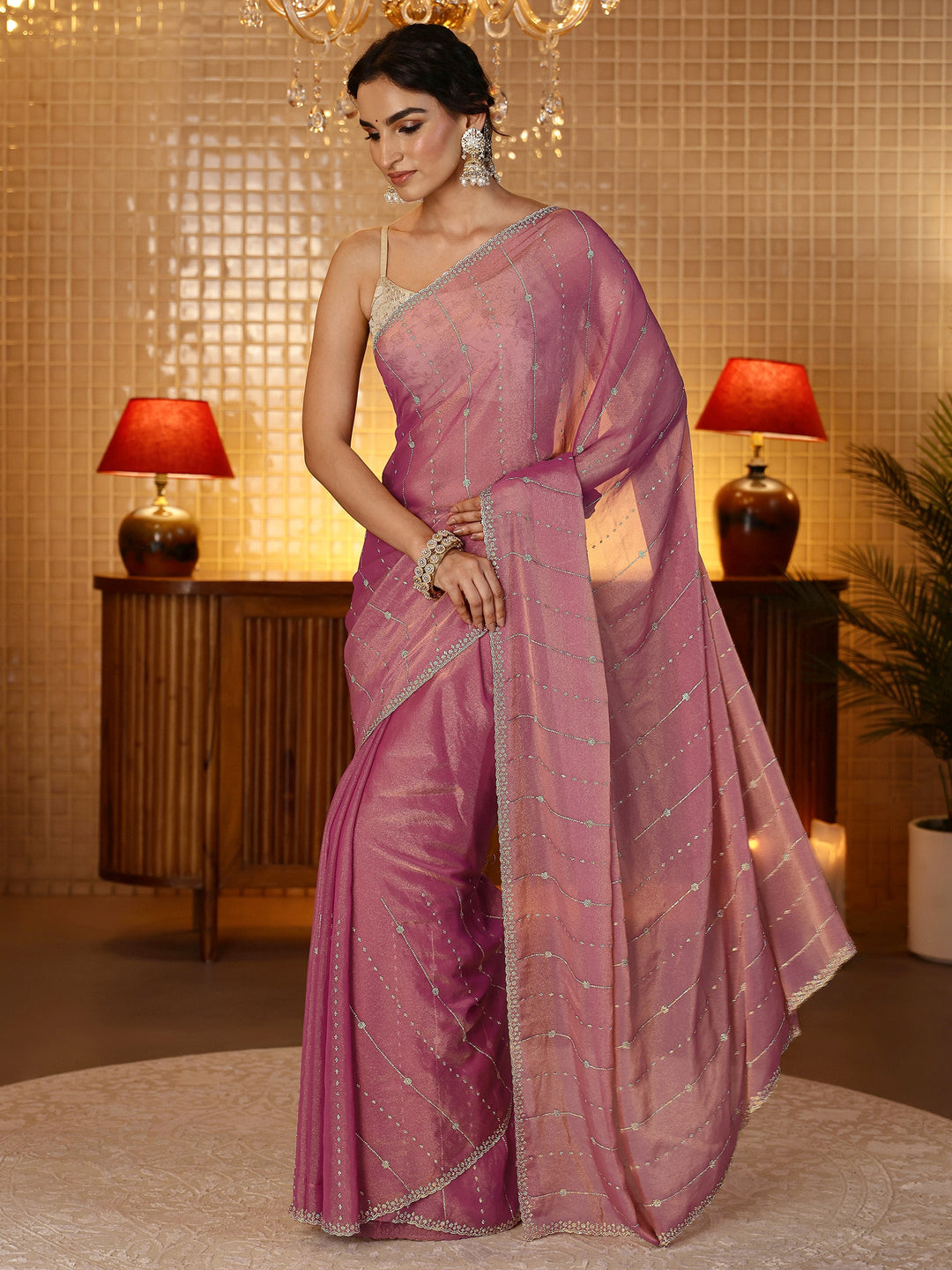  Dusty Pink Striped Embellished Silk Blend Saree 