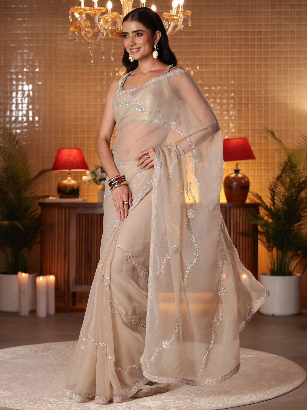  Libas Taupe Floral Embellished Silk Blend Saree 