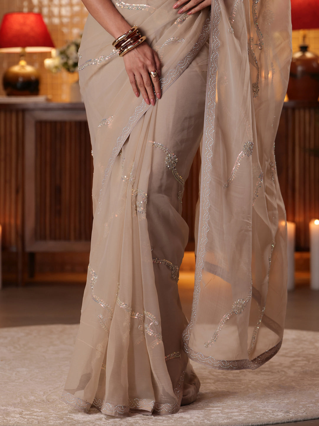  Libas Taupe Floral Embellished Silk Blend Saree 