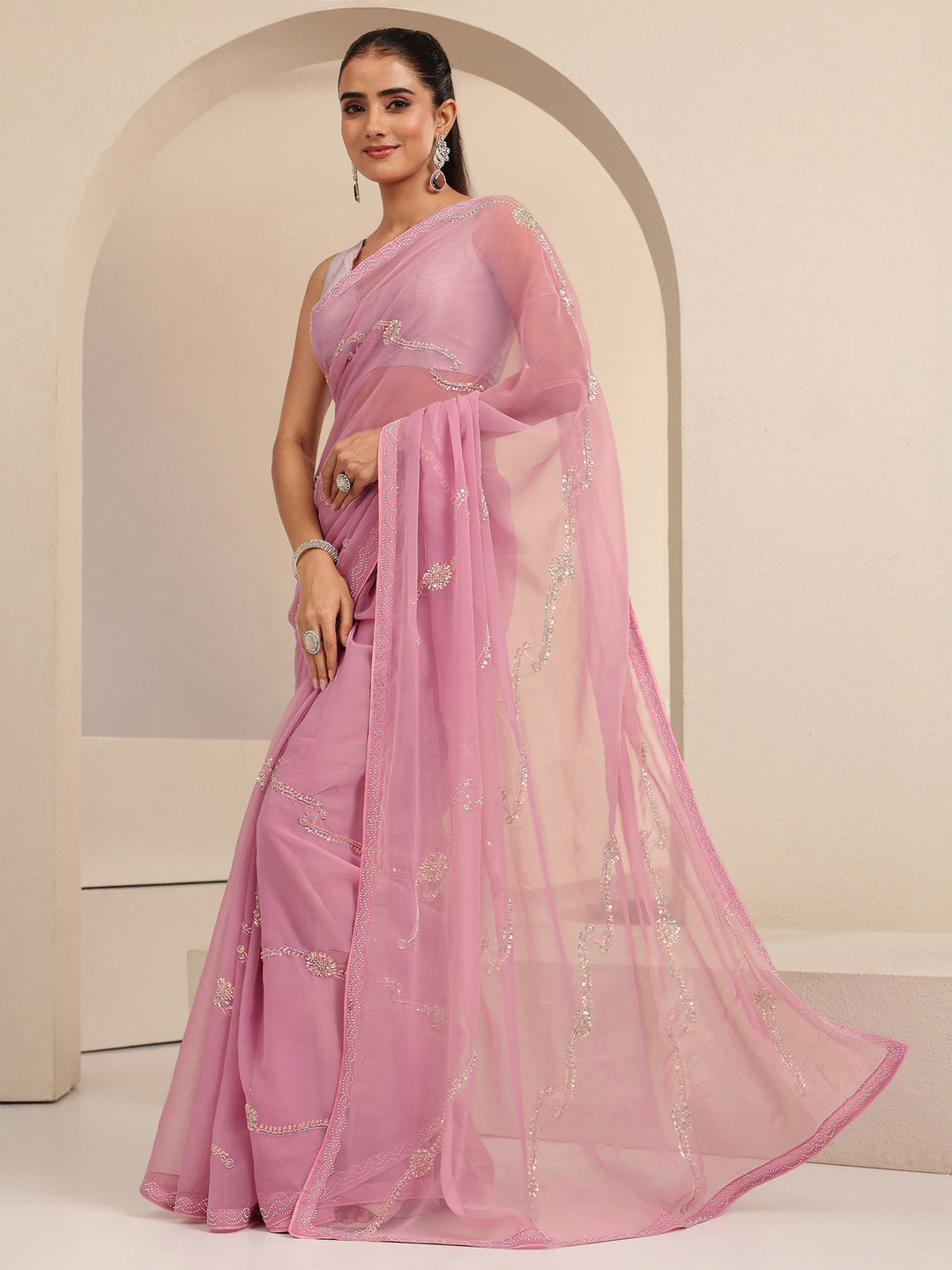  Baby Pink Floral Embellished Silk Blend Saree 