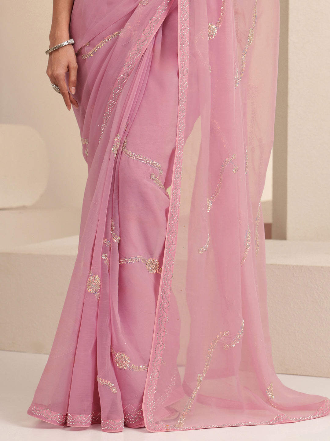  Baby Pink Floral Embellished Silk Blend Saree 