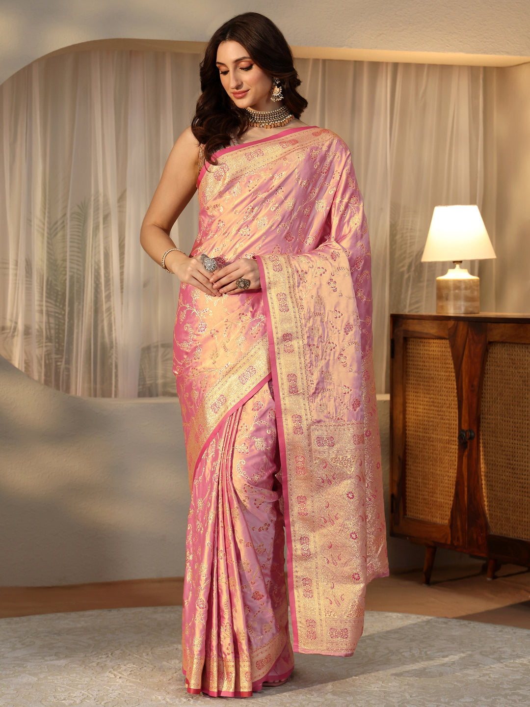  Dusty Rose Pink Floral Embroidered Silk Blend Saree 