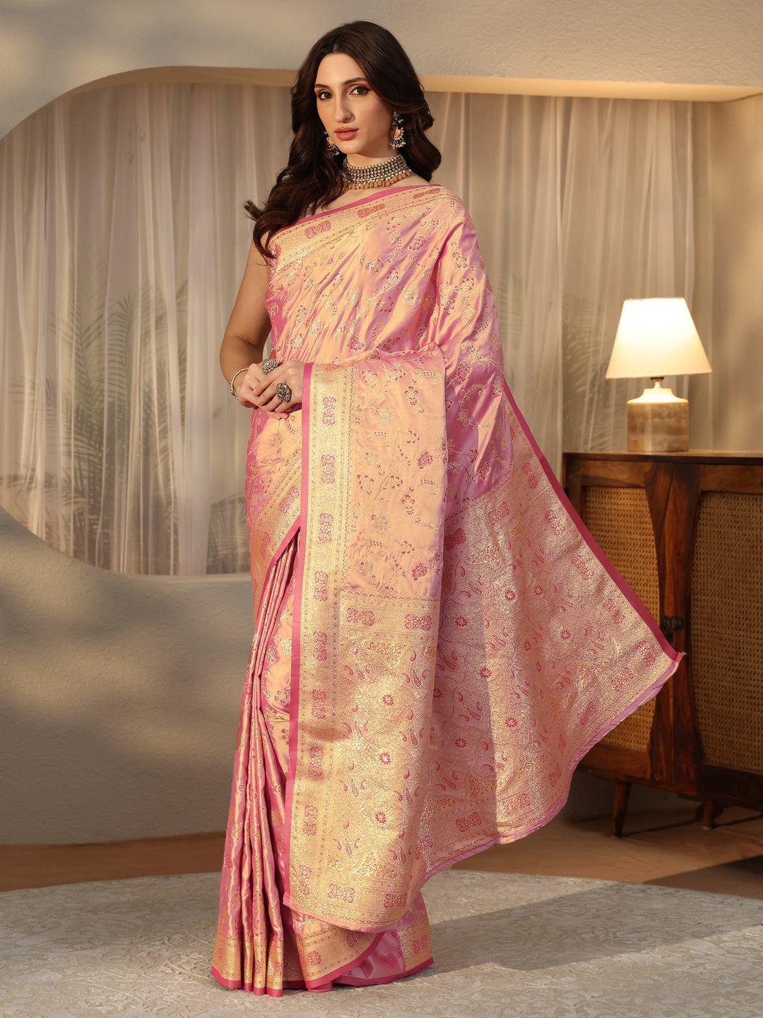  Dusty Rose Pink Floral Embroidered Silk Blend Saree 
