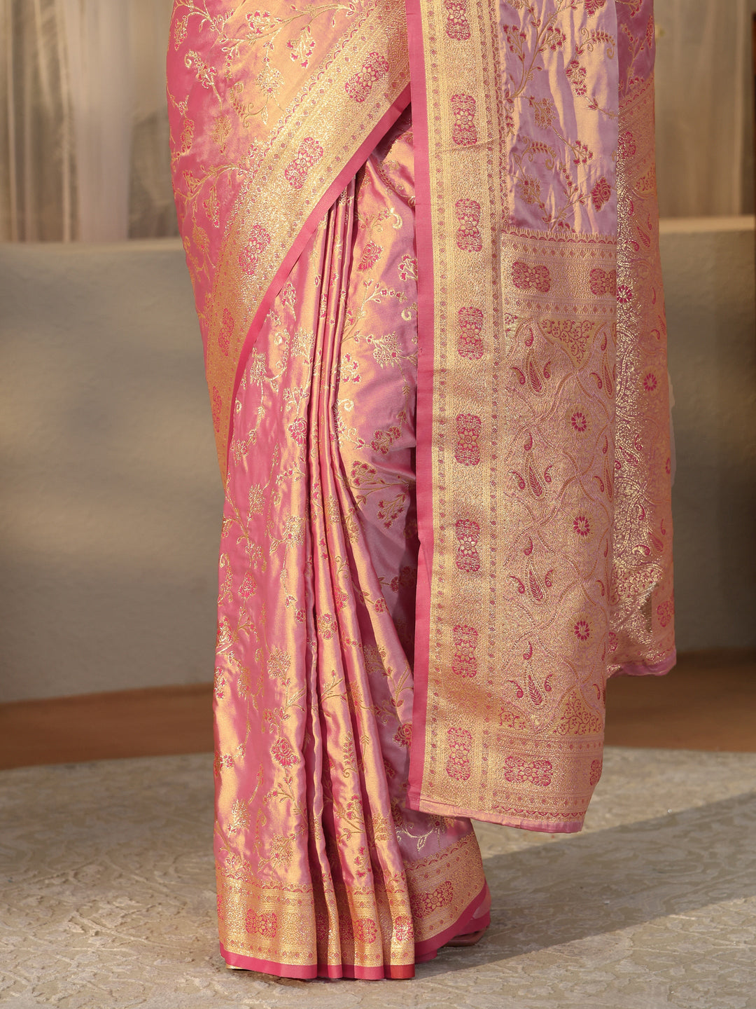  Dusty Rose Pink Floral Embroidered Silk Blend Saree 