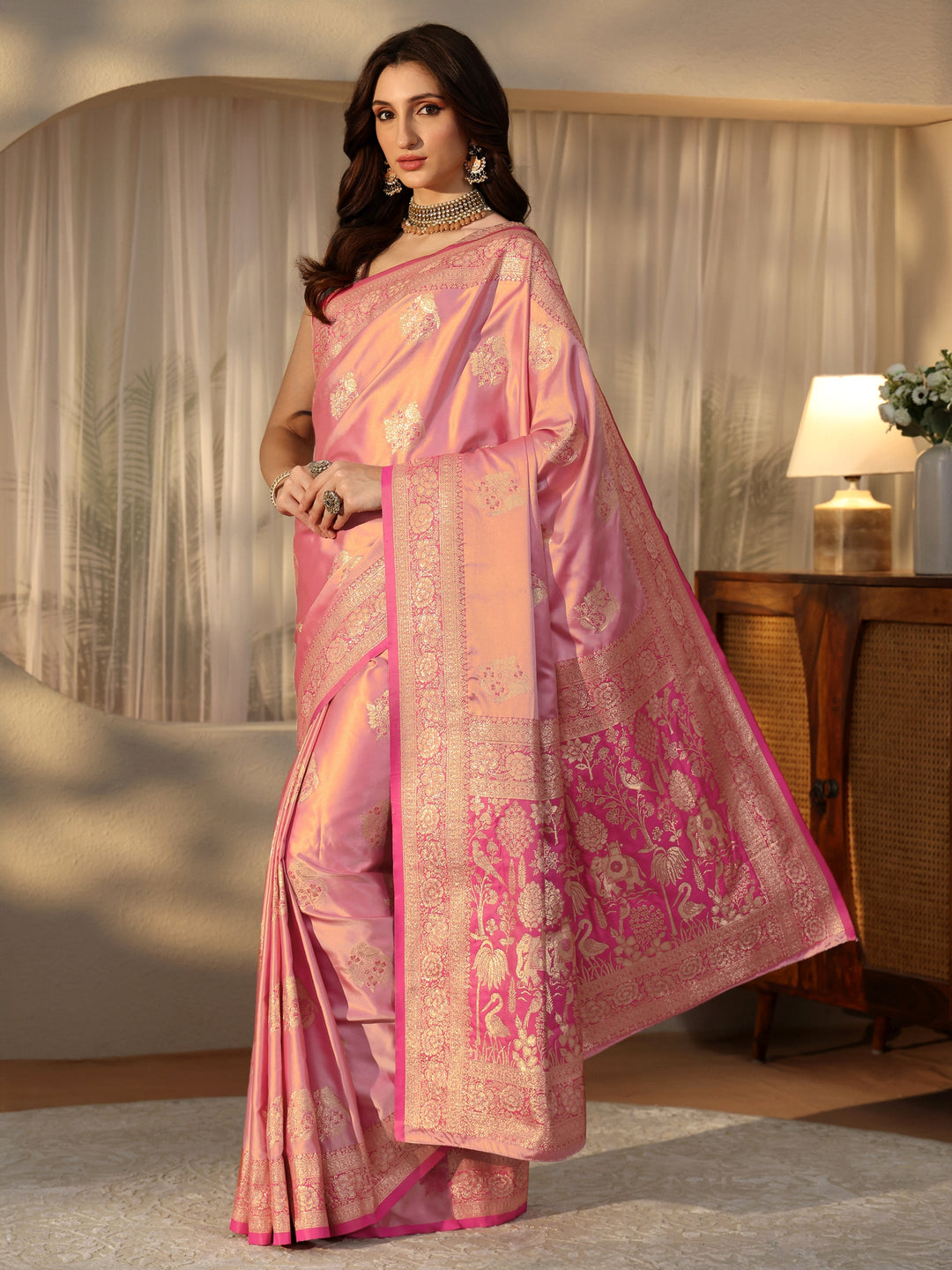  Dusty Rose Pink Banarasi Silk Blend Saree 