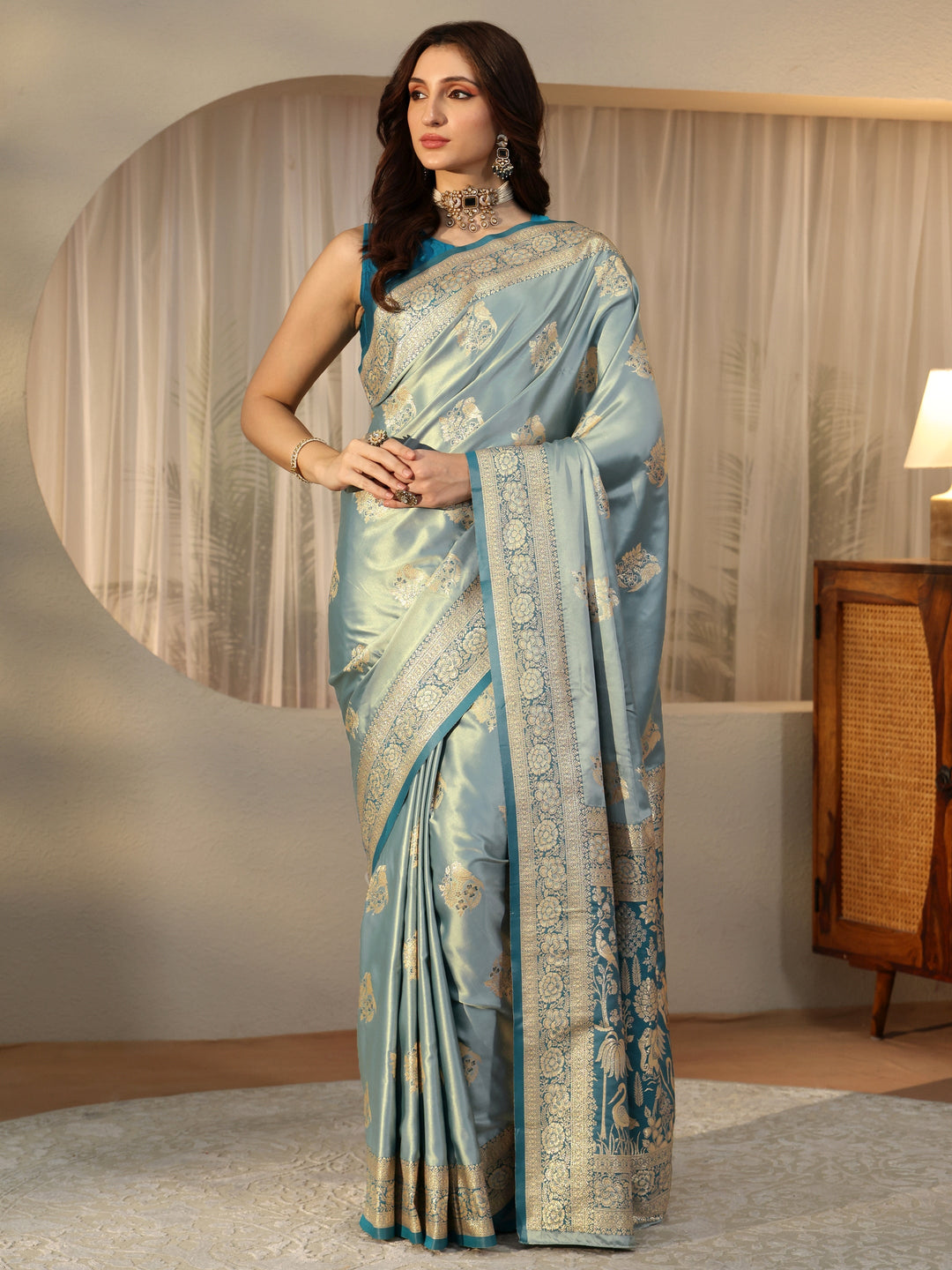 Dusty Blue Banarasi Silk Blend Saree 