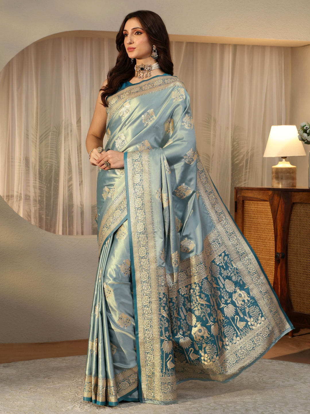 Dusty Blue Banarasi Silk Blend Saree 