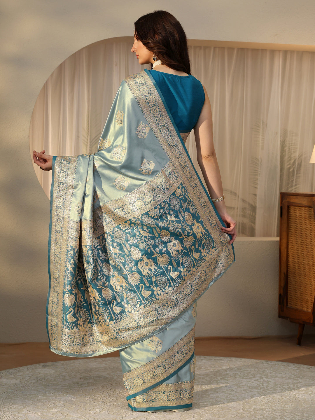  Dusty Blue Banarasi Silk Blend Saree 