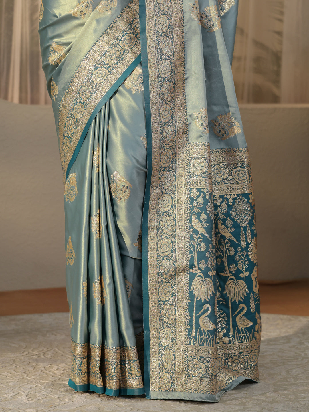  Dusty Blue Banarasi Silk Blend Saree 