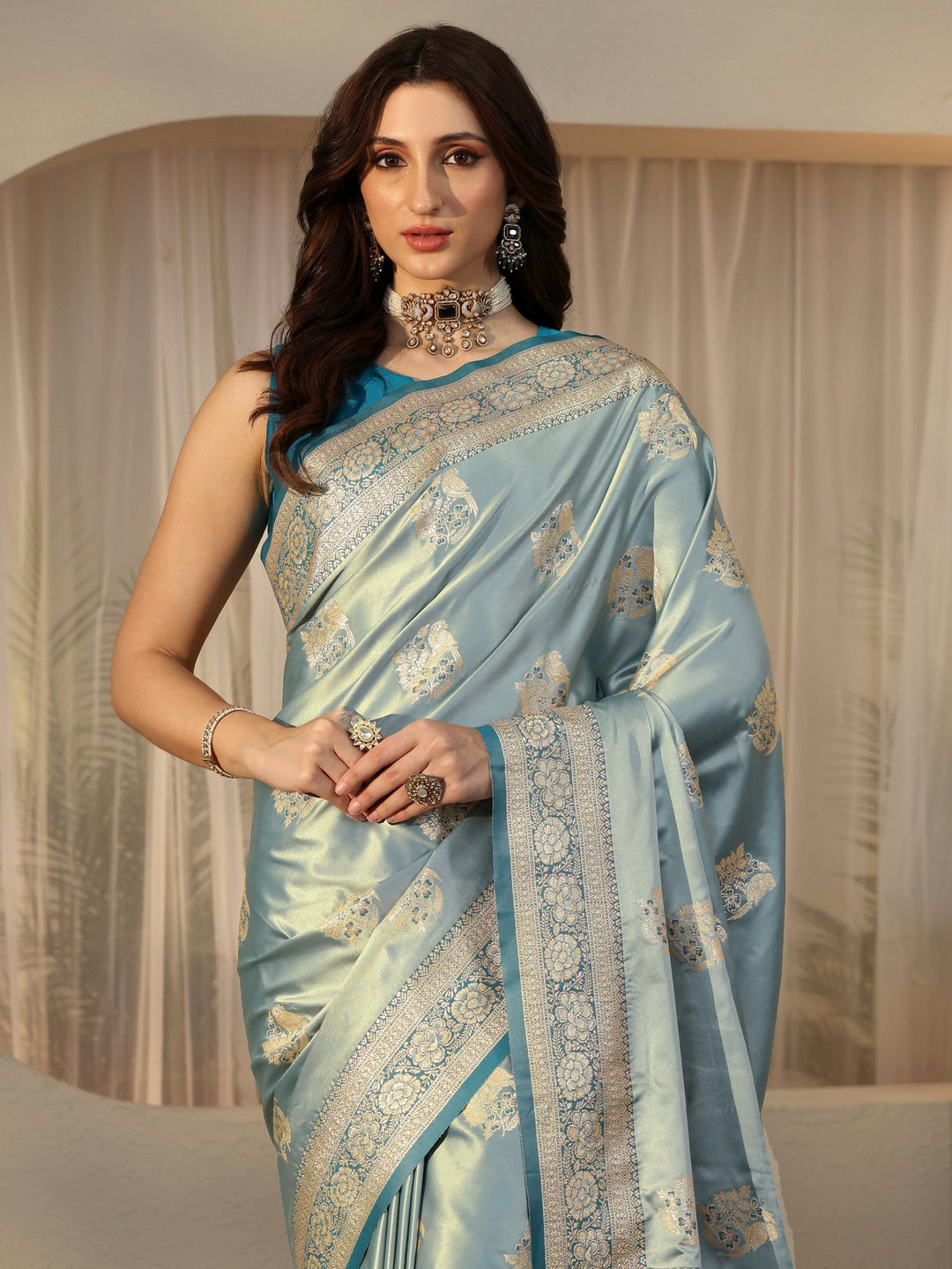  Dusty Blue Banarasi Silk Blend Saree 