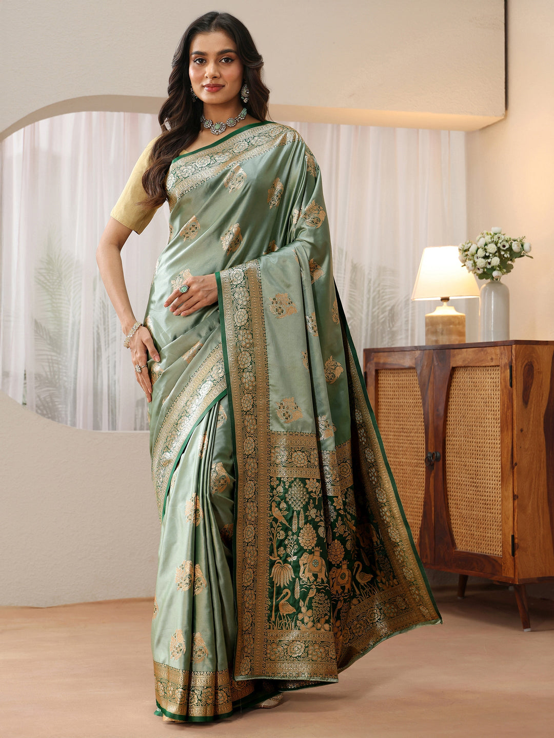  Dusty Sea Green Banarasi Silk Blend Saree 