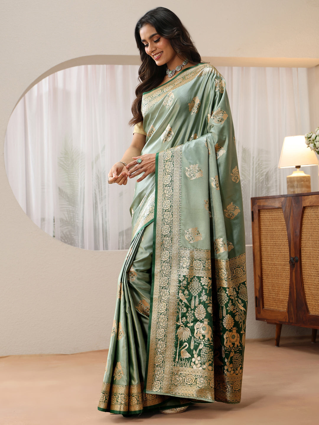  Dusty Sea Green Banarasi Silk Blend Saree 