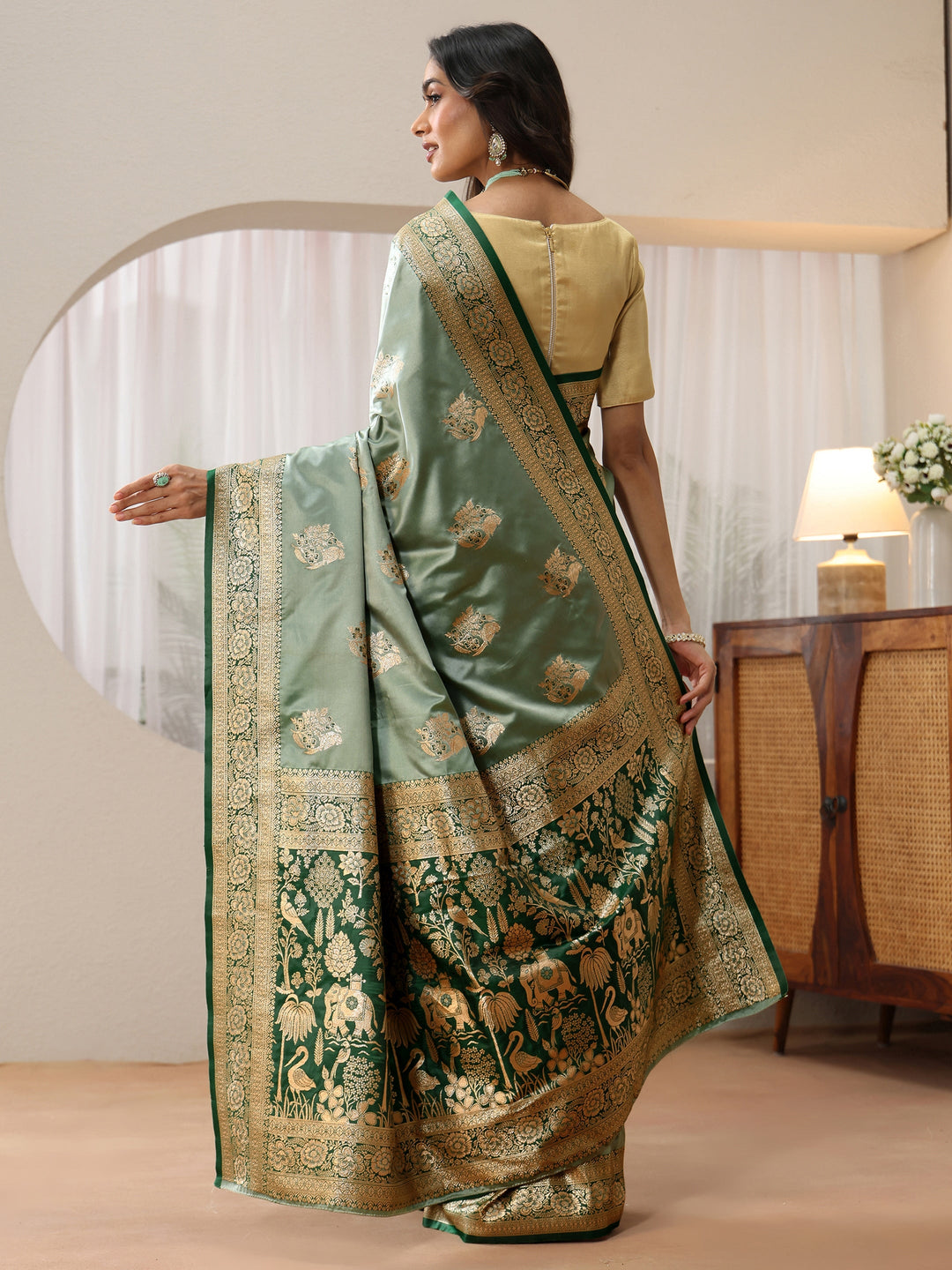  Dusty Sea Green Banarasi Silk Blend Saree 