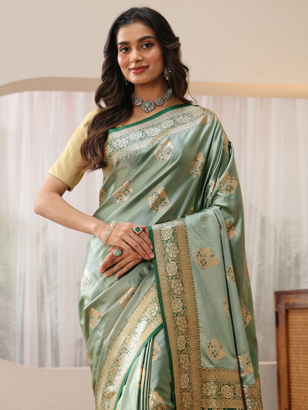  Dusty Sea Green Banarasi Silk Blend Saree 