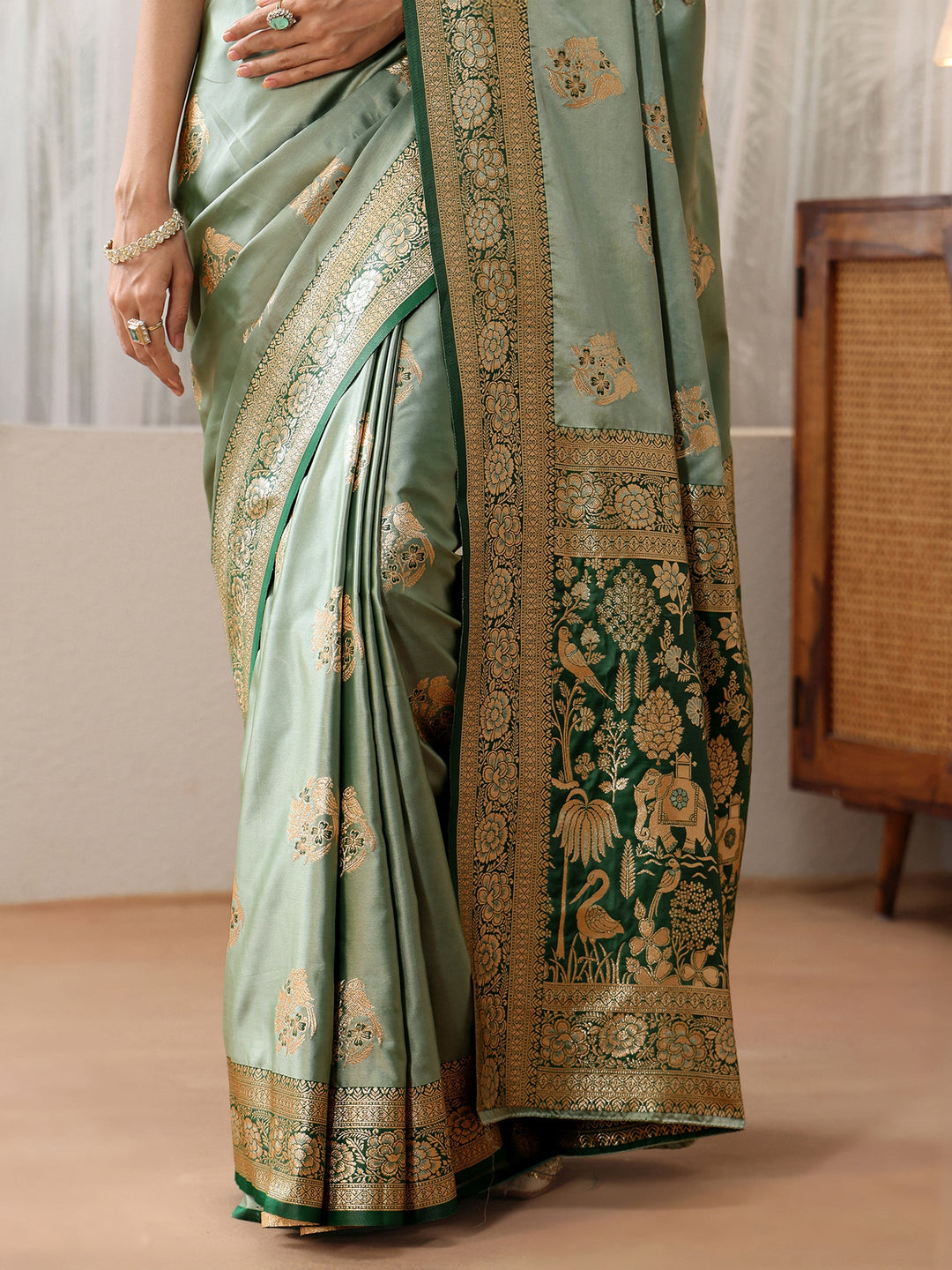  Dusty Sea Green Banarasi Silk Blend Saree 