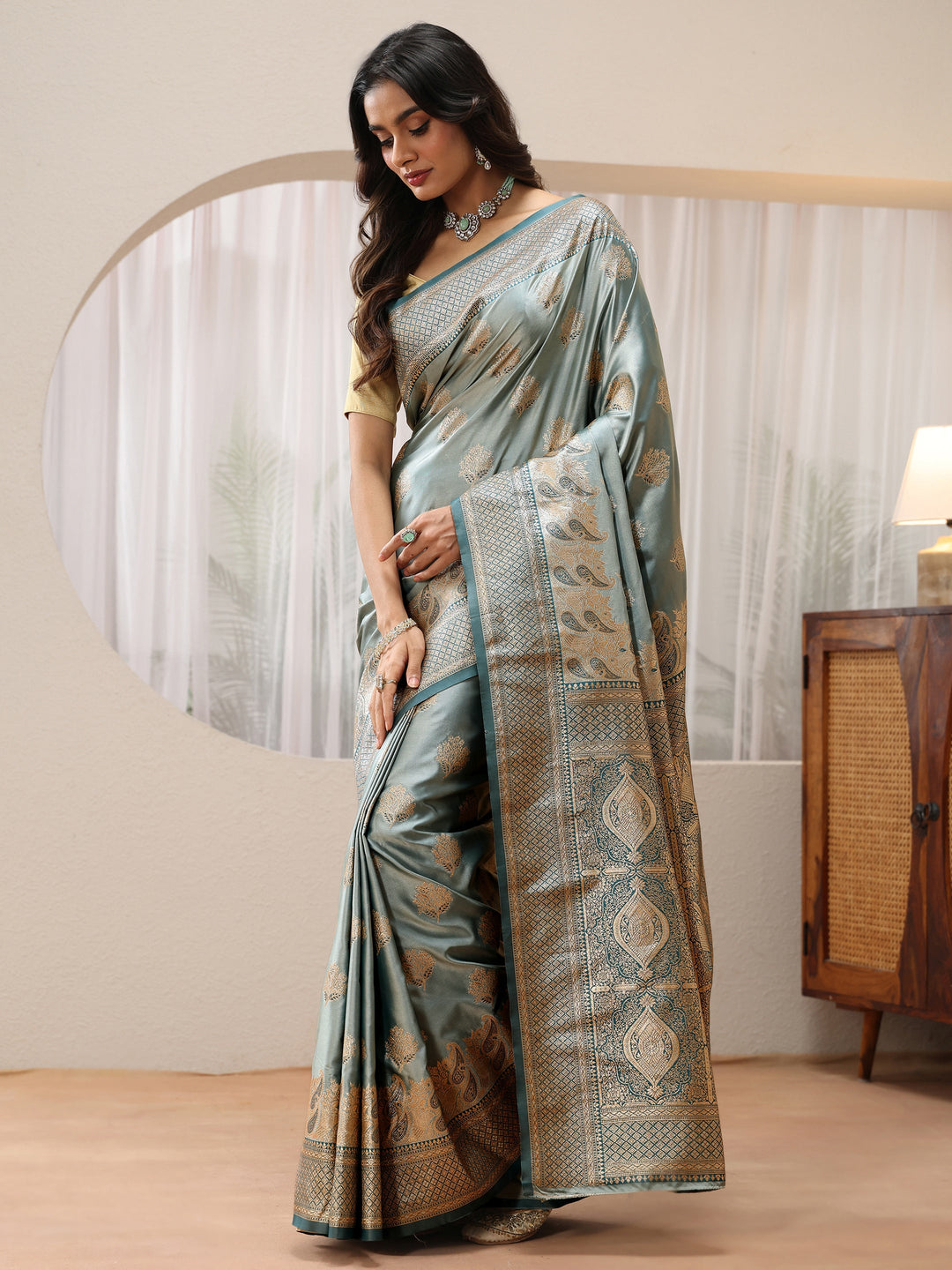 Dusty Blue Banarasi Silk Blend Saree 