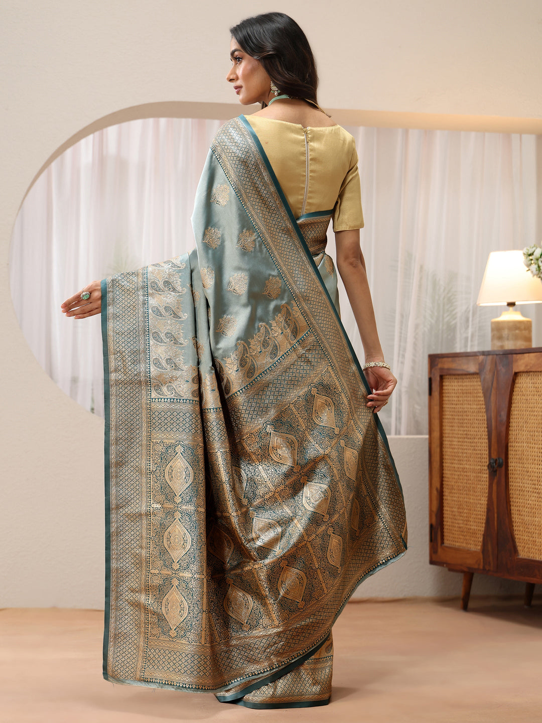  Dusty Blue Banarasi Silk Blend Saree 
