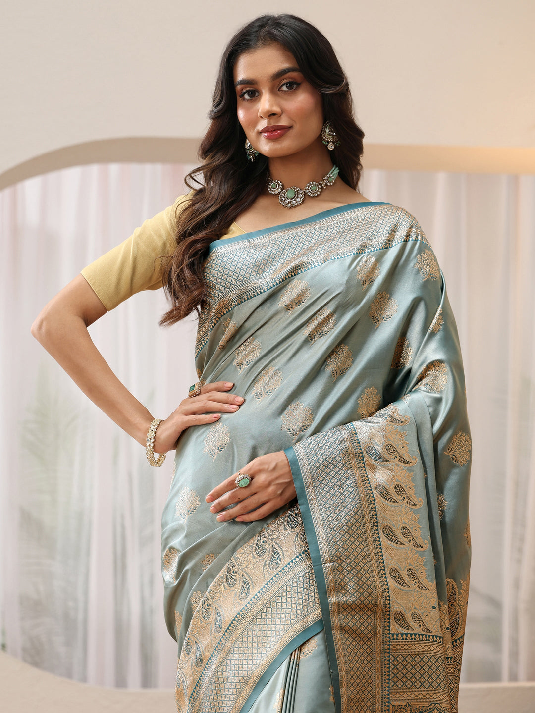  Dusty Blue Banarasi Silk Blend Saree 