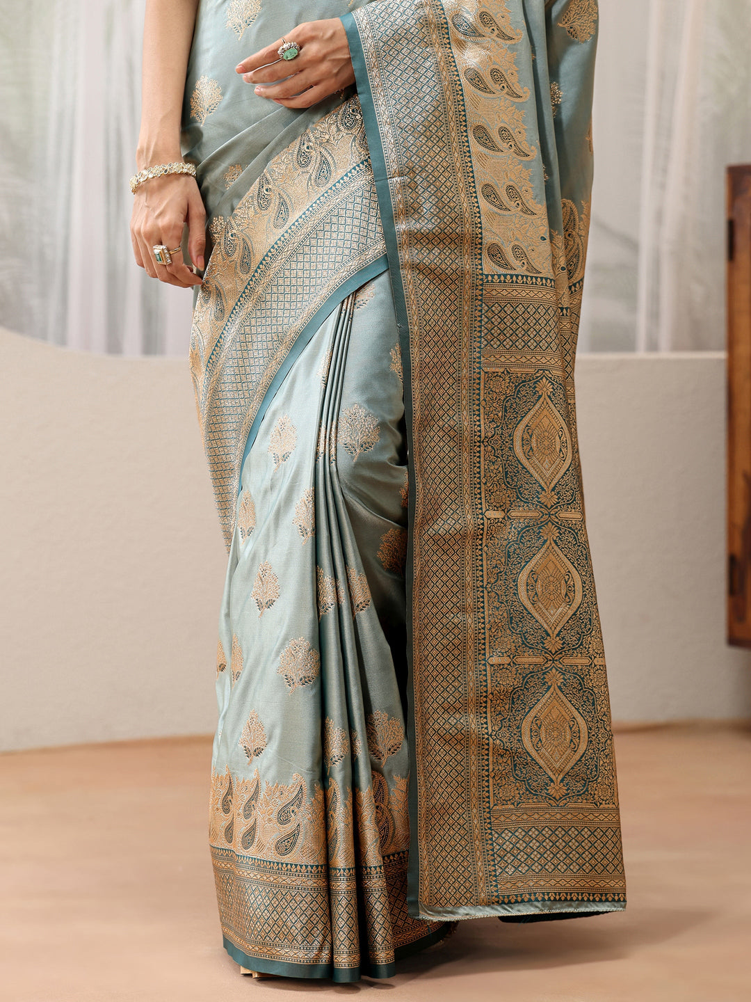  Dusty Blue Banarasi Silk Blend Saree 