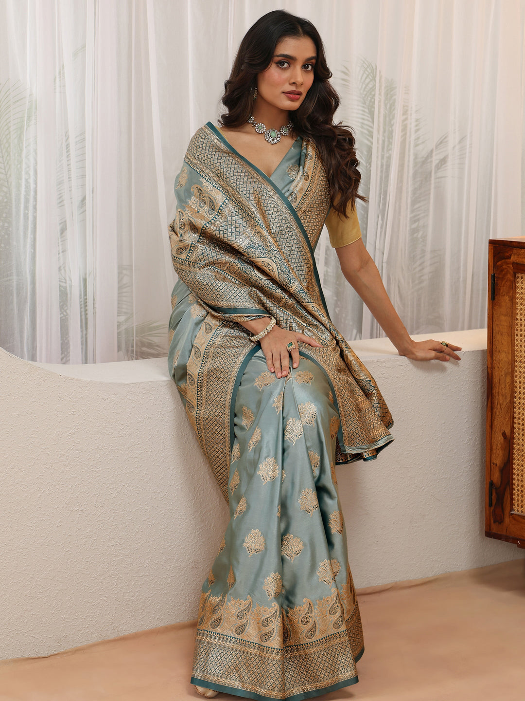  Dusty Blue Banarasi Silk Blend Saree 