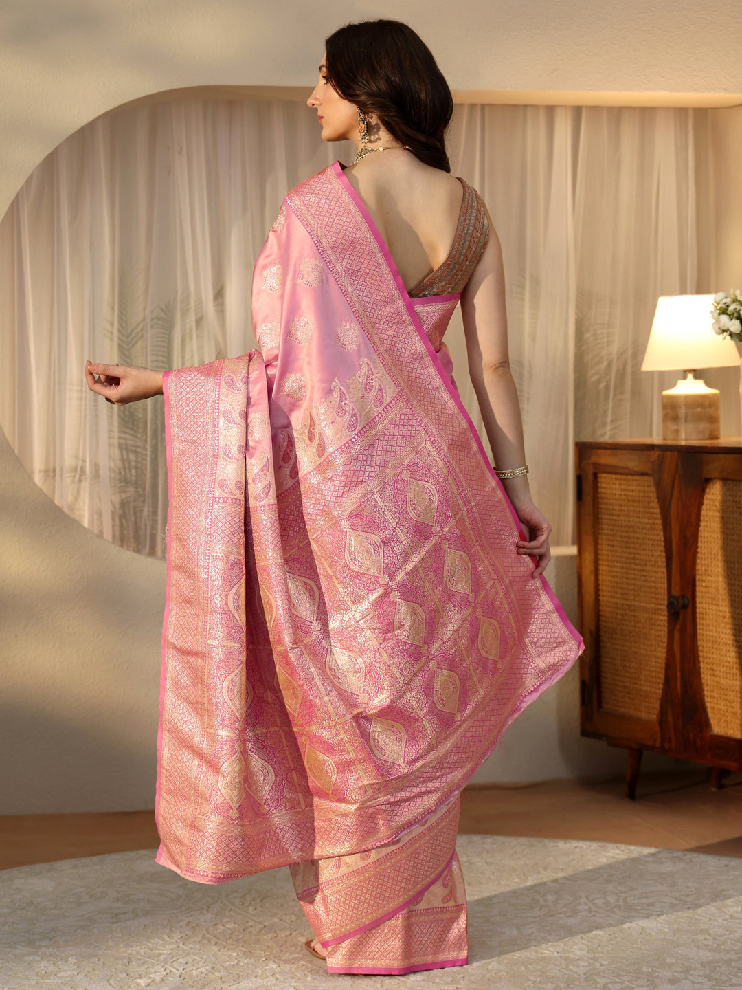  Baby Pink Banarasi Silk Blend Saree 