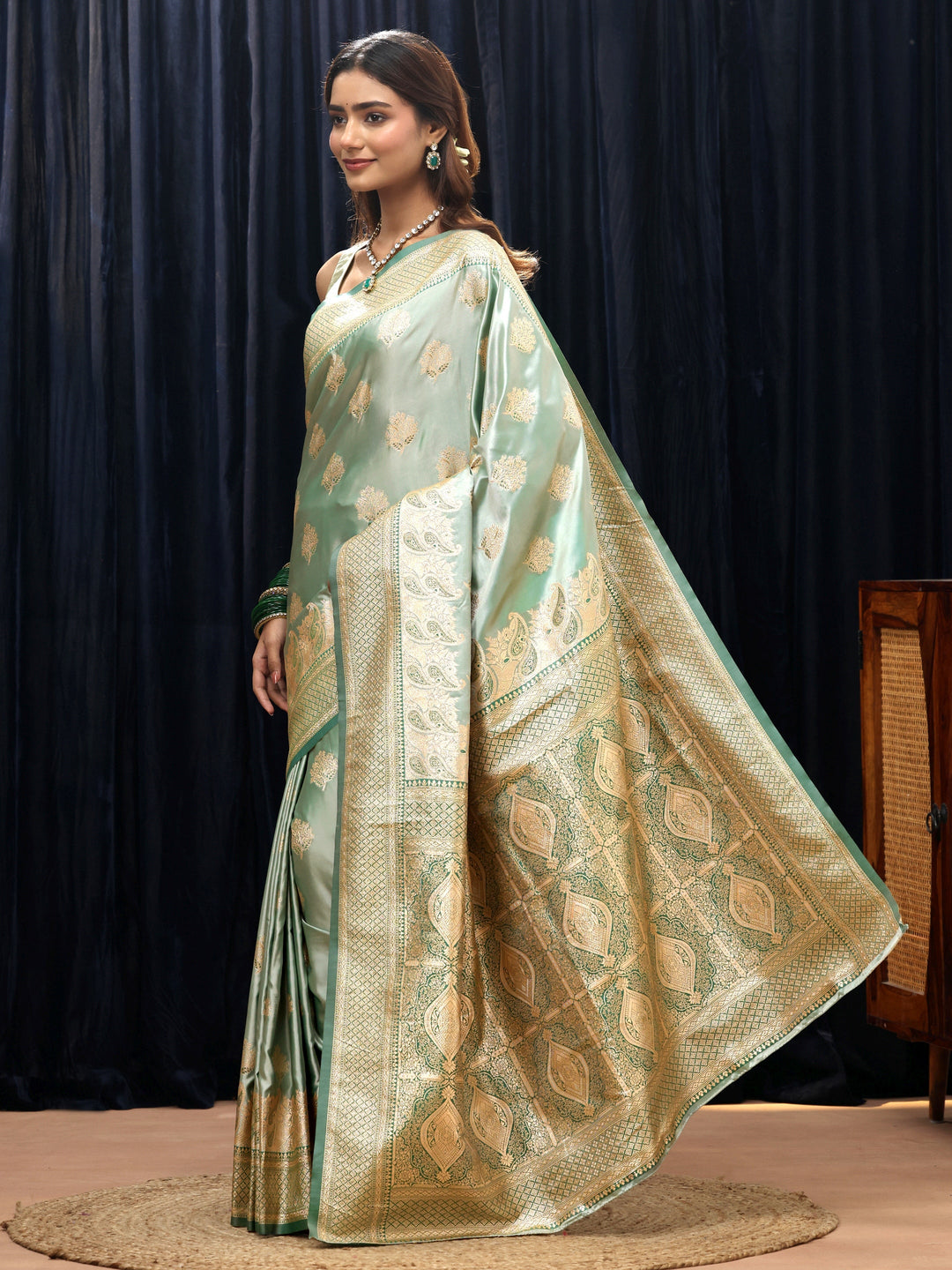  Mint Green Banarasi Silk Blend Saree 