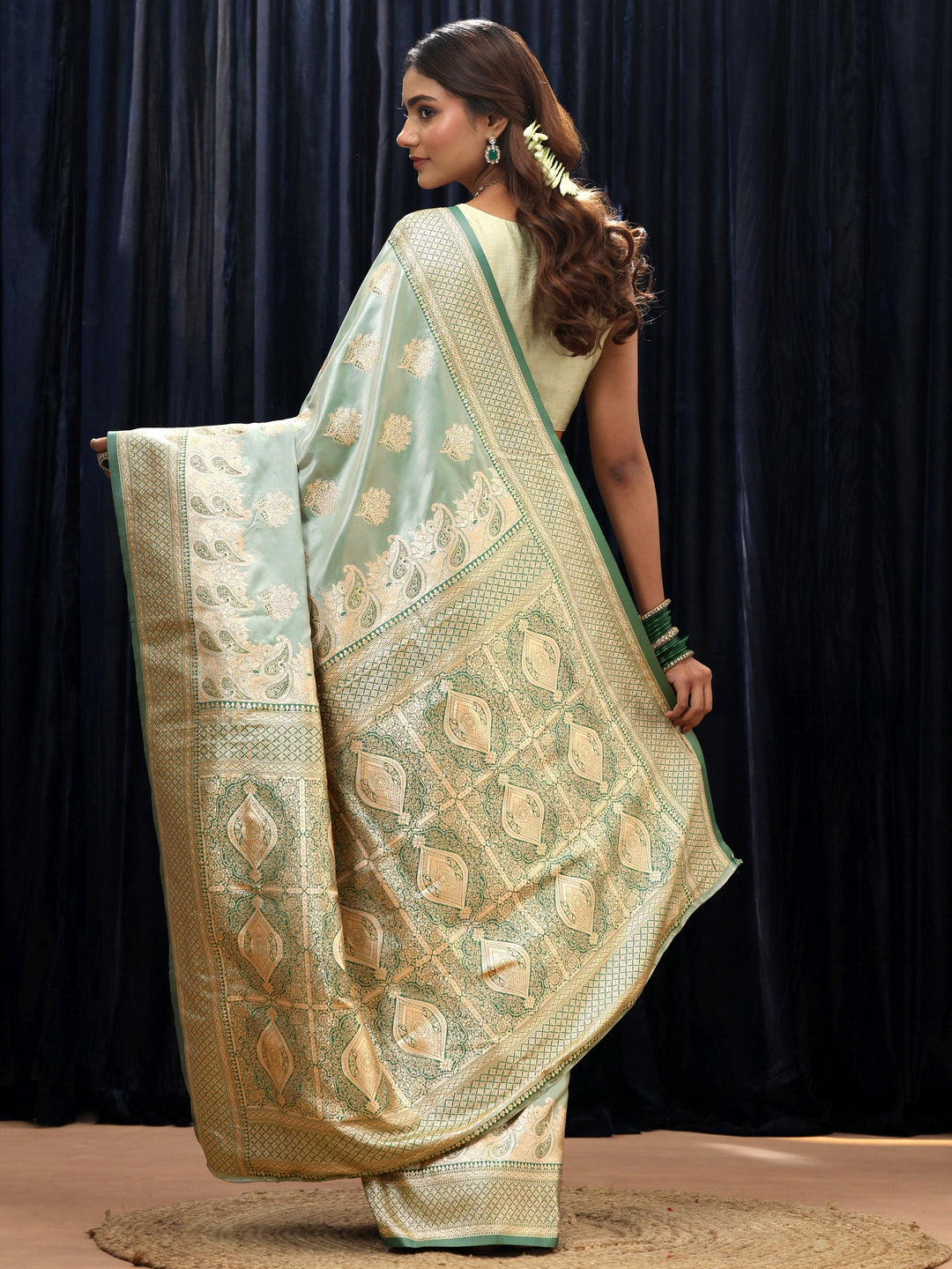  Mint Green Banarasi Silk Blend Saree 