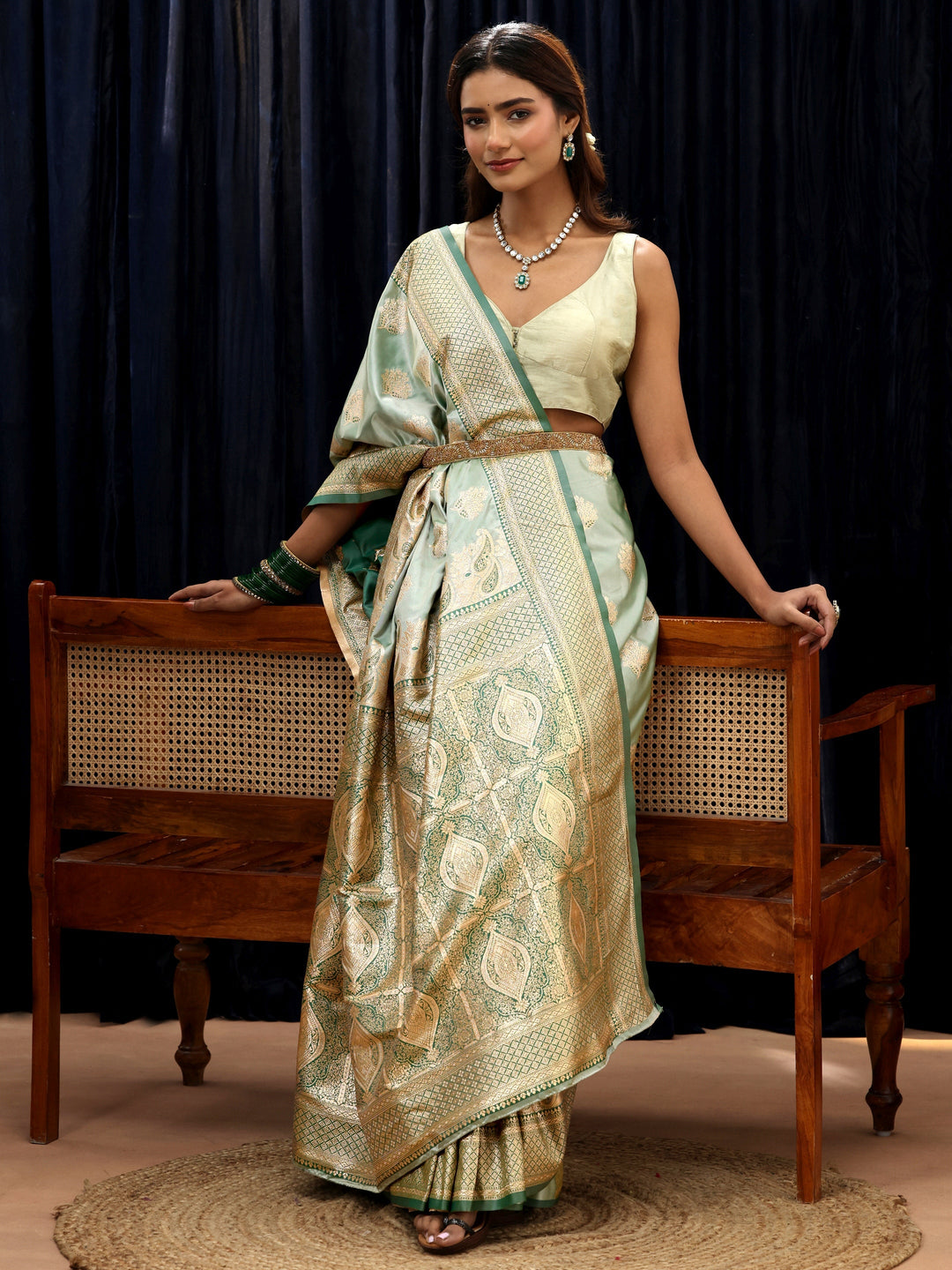  Mint Green Banarasi Silk Blend Saree 
