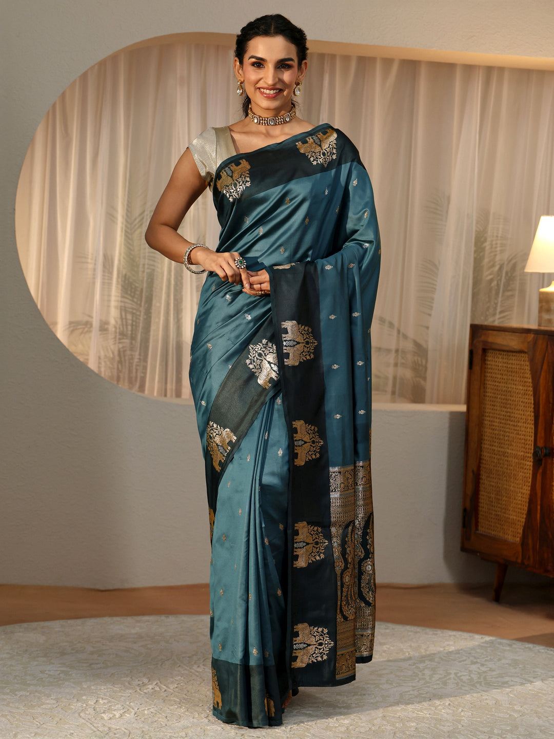  Teal Blue Elephant Woven Design Silk Blend Saree 