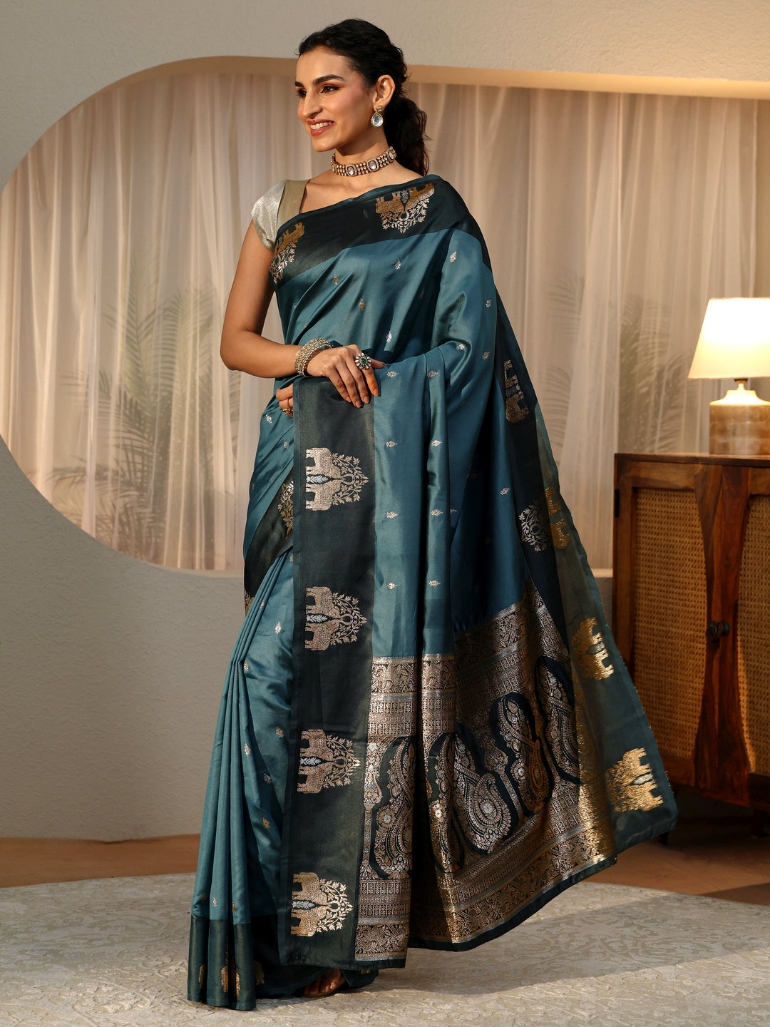  Teal Blue Elephant Woven Design Silk Blend Saree 