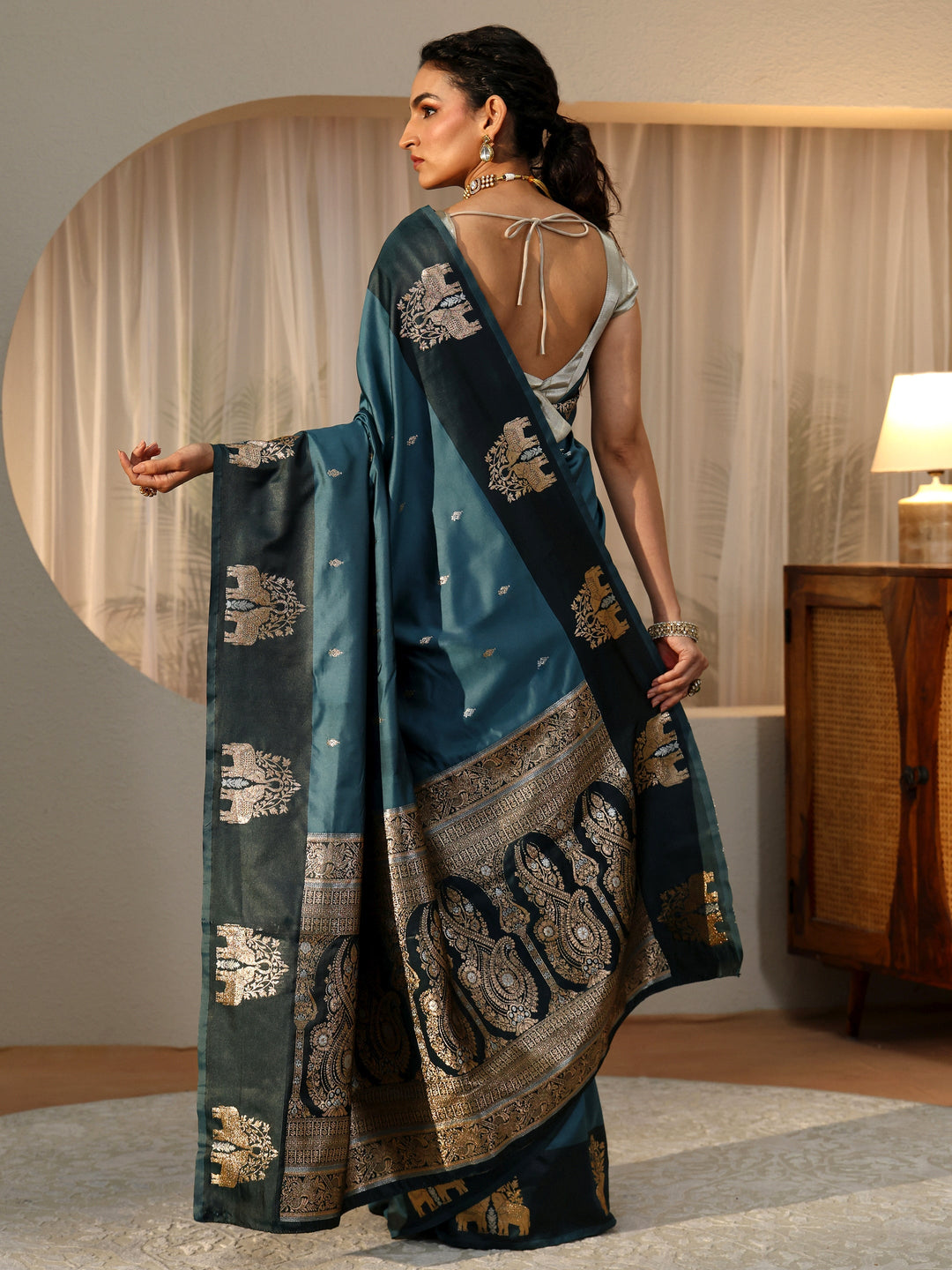  Teal Blue Elephant Woven Design Silk Blend Saree 