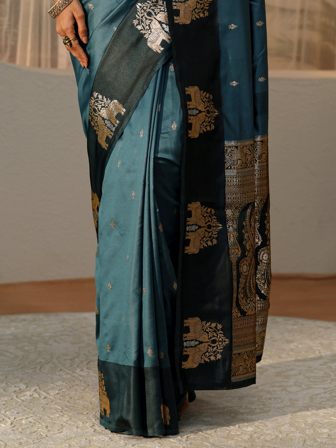  Teal Blue Elephant Woven Design Silk Blend Saree 