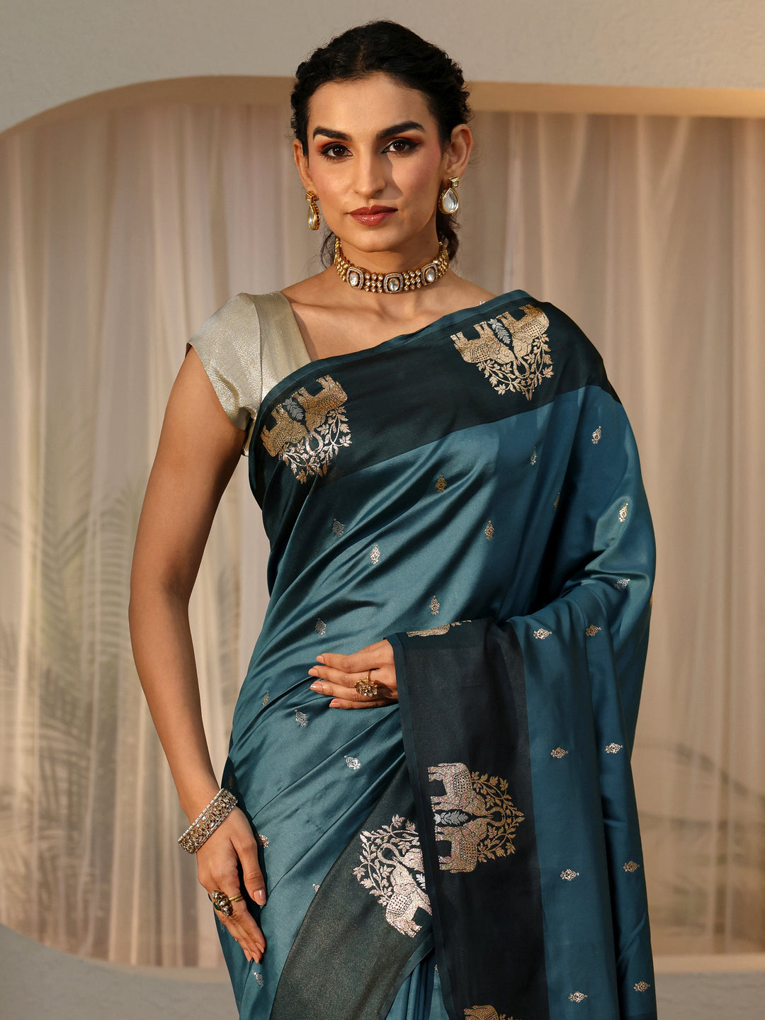  Teal Blue Elephant Woven Design Silk Blend Saree 