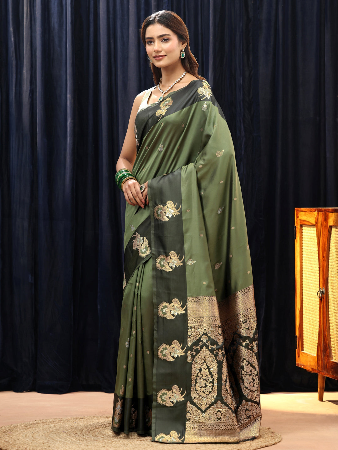  Olive Green Floral Woven Design Silk Blend Saree 