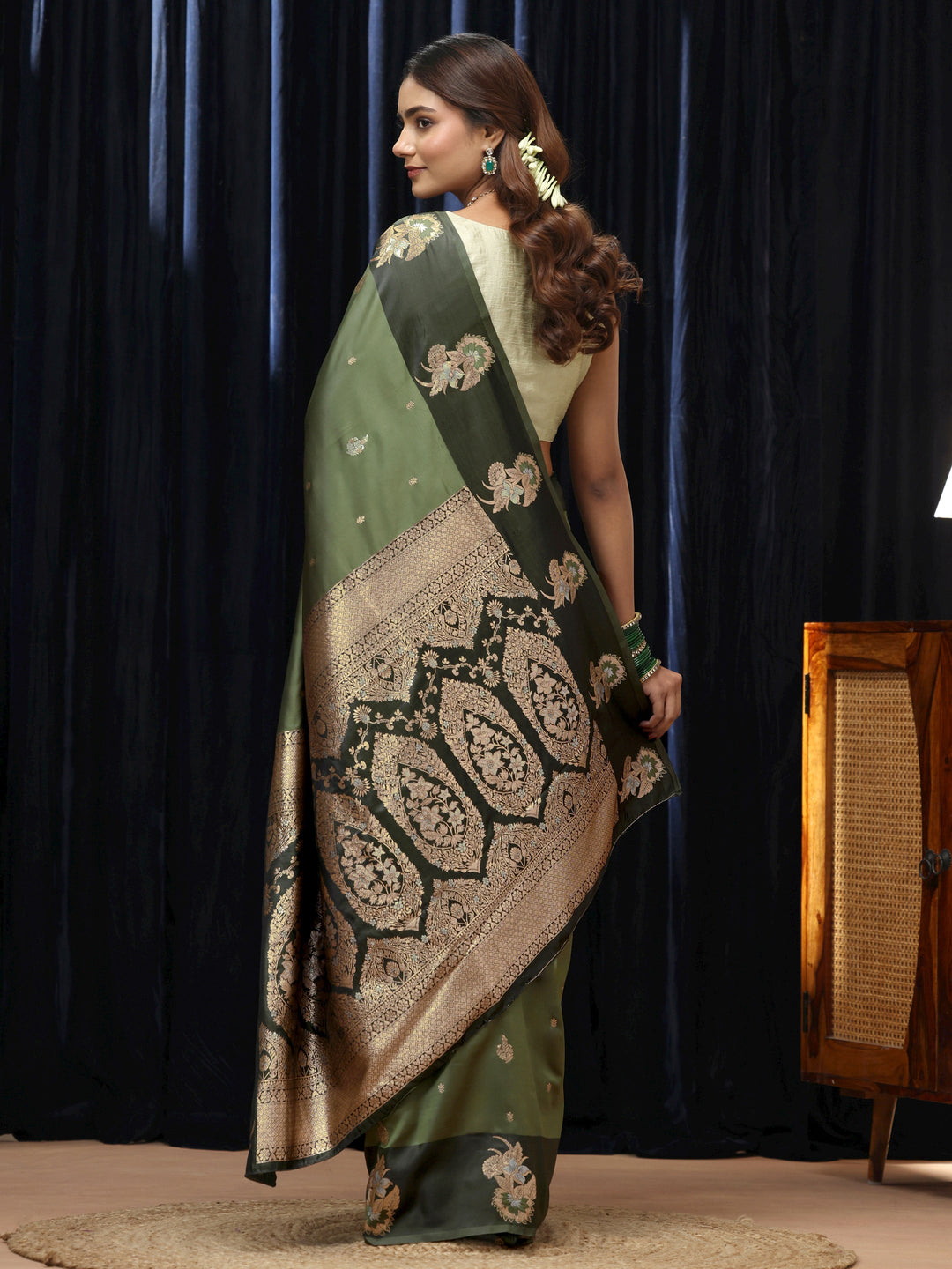  Olive Green Floral Woven Design Silk Blend Saree 
