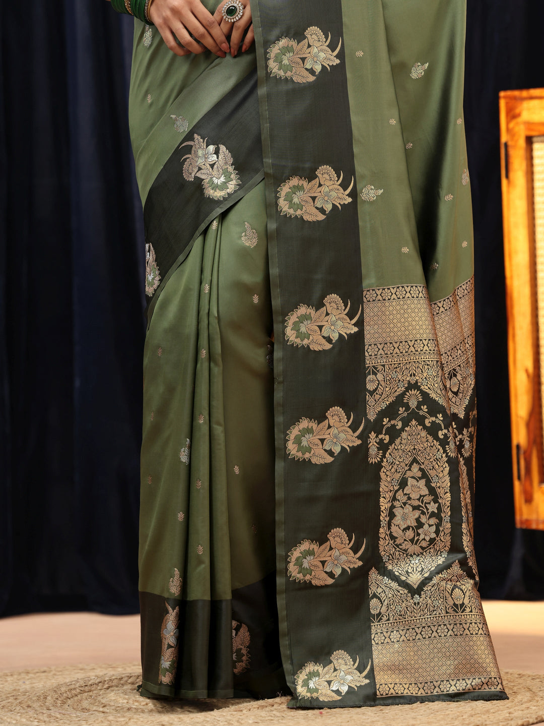  Olive Green Floral Woven Design Silk Blend Saree 