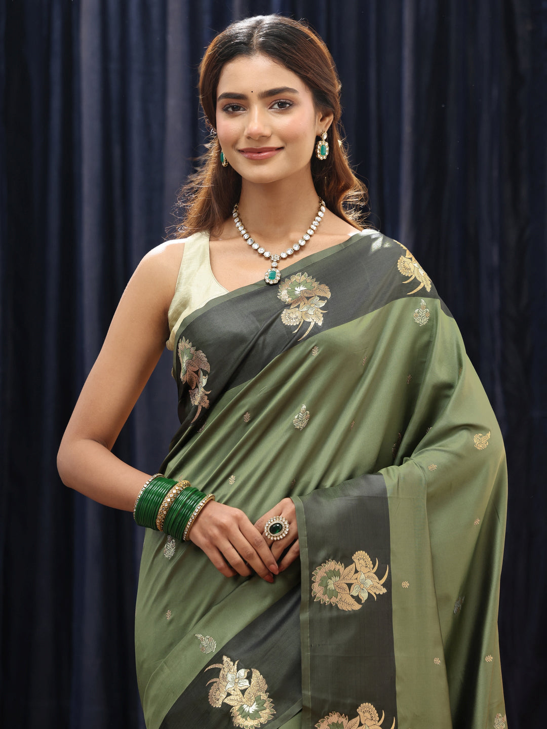  Olive Green Floral Woven Design Silk Blend Saree 