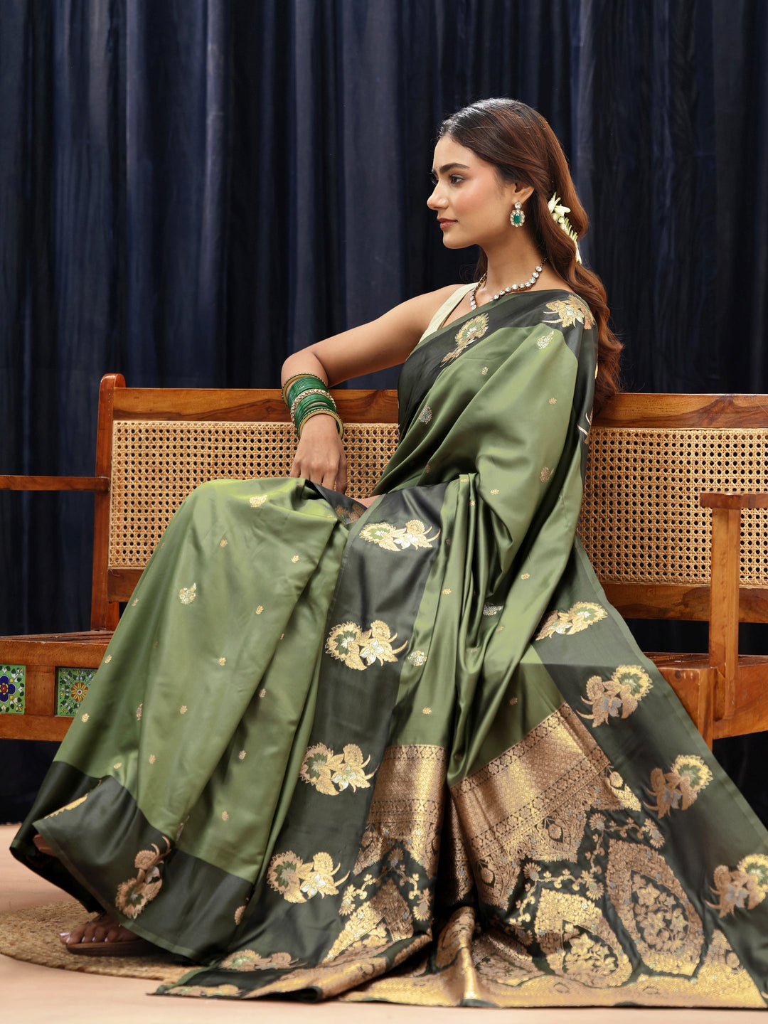  Olive Green Floral Woven Design Silk Blend Saree 