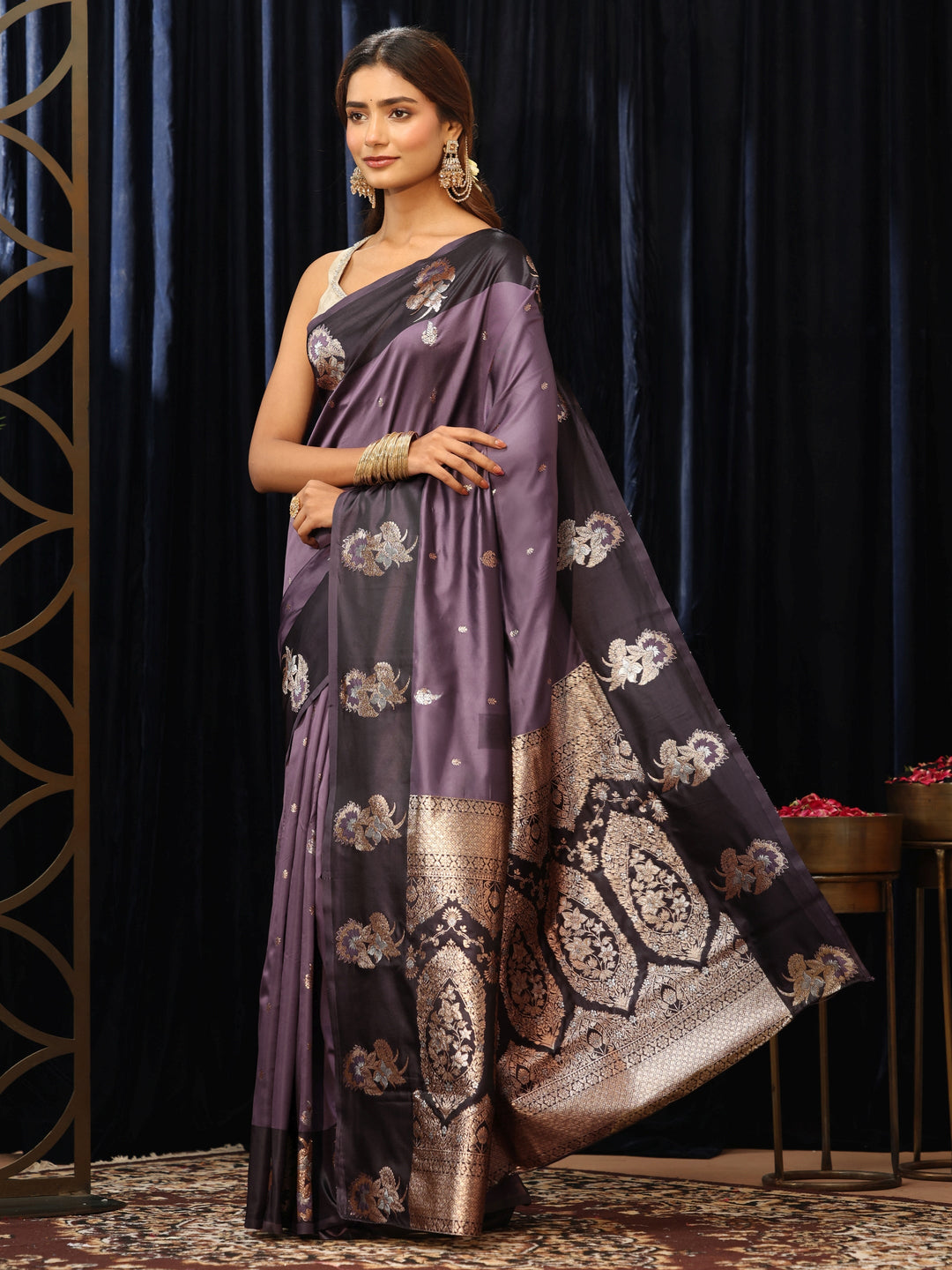  Purple Floral Woven Design Silk Blend Saree 