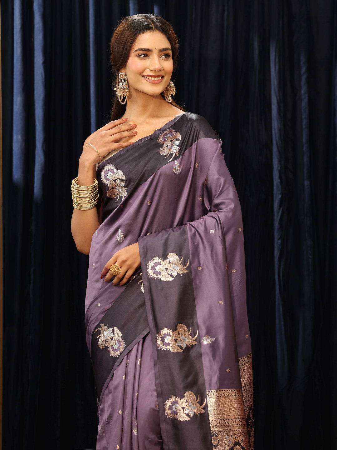  Purple Floral Woven Design Silk Blend Saree 