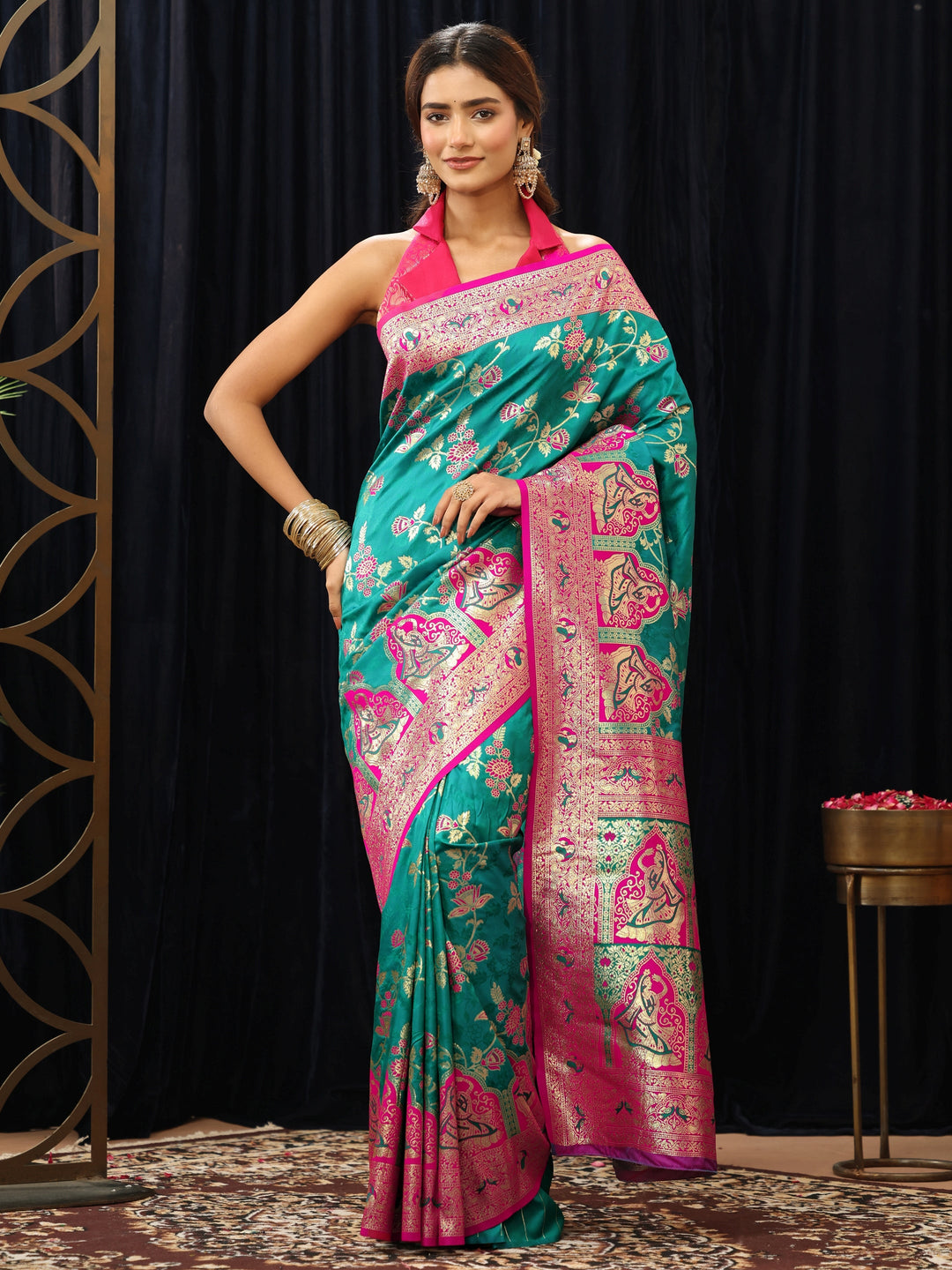  Teal Green Baluchari Silk Blend Saree 