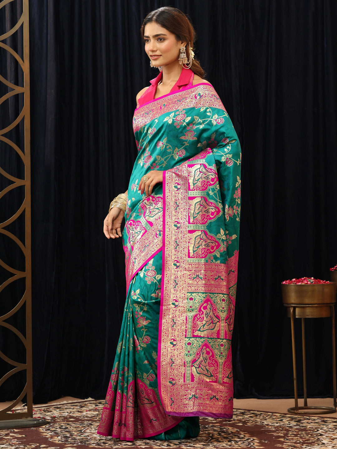  Teal Green Baluchari Silk Blend Saree 