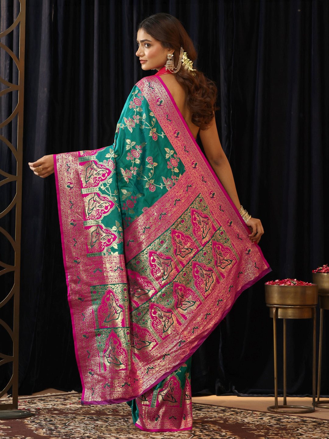  Teal Green Baluchari Silk Blend Saree 