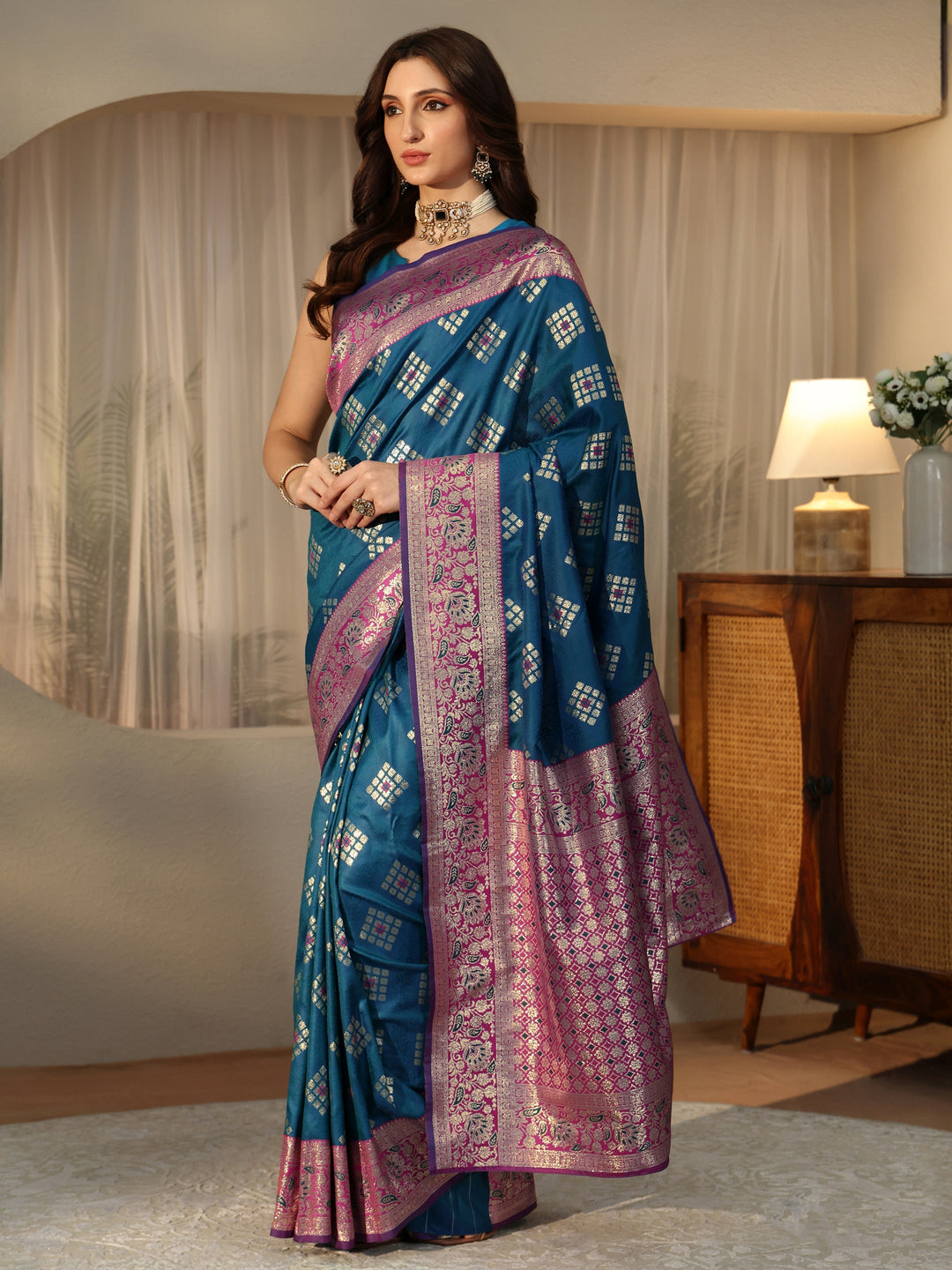  Teal Geometric Woven Design Silk Blend Saree 