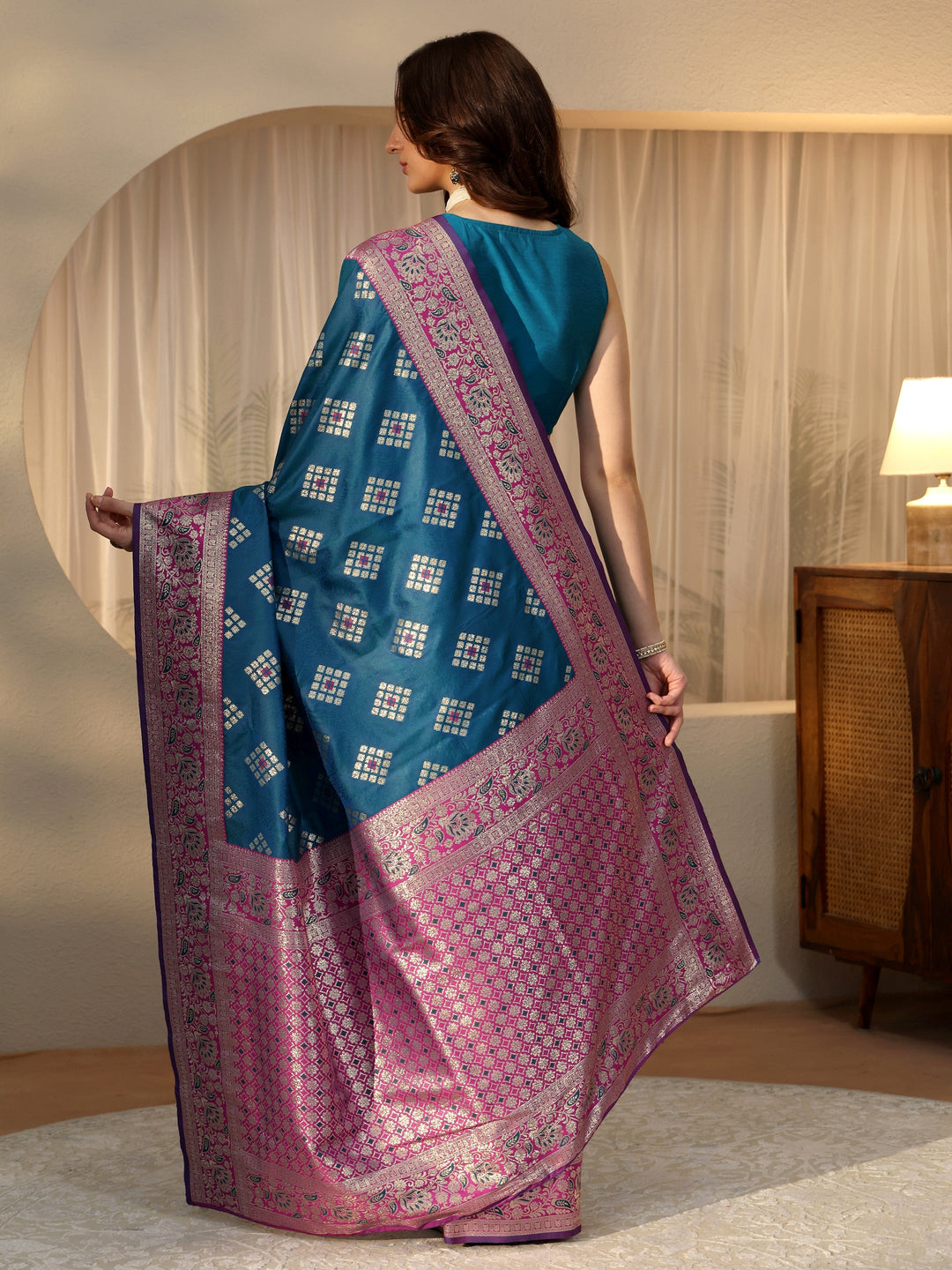  Teal Geometric Woven Design Silk Blend Saree 